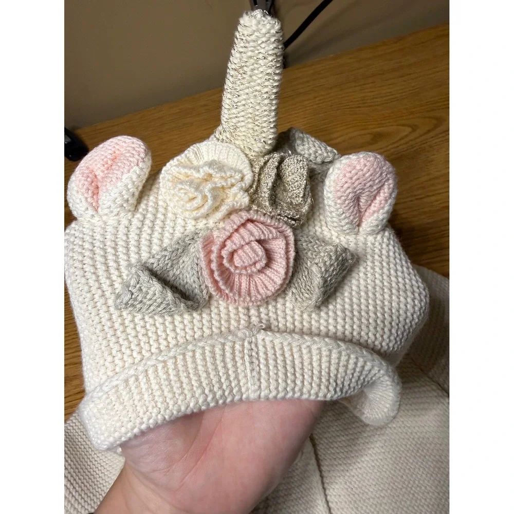 Baby Gap Unicorn Knit Hooded Cardigan Sweater Cream Floral 6-12M Whimsical
